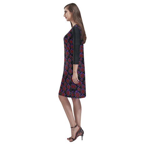 Red and Purple Roses Floral Print Rhea Loose Round Neck Dress(Model D22)