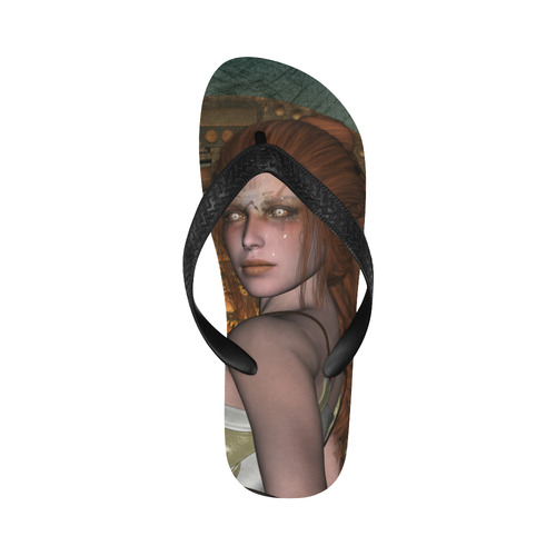 The steampunk lady with awesome eyes, clocks Flip Flops for Men/Women (Model 040)