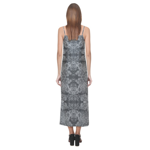 Floral Damask Dark Gray V-Neck Open Fork Long Dress(Model D18)