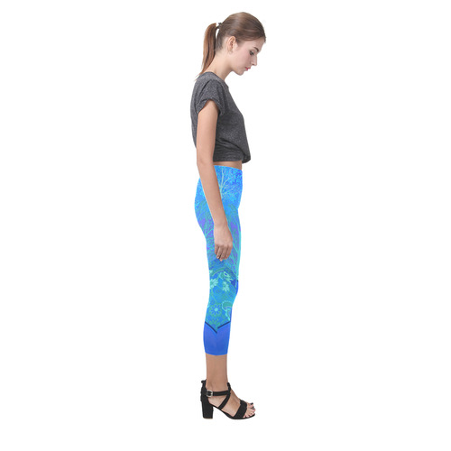 Leggings Capri Print Blue Forest Flower Design by Juleez Capri Legging (Model L02)