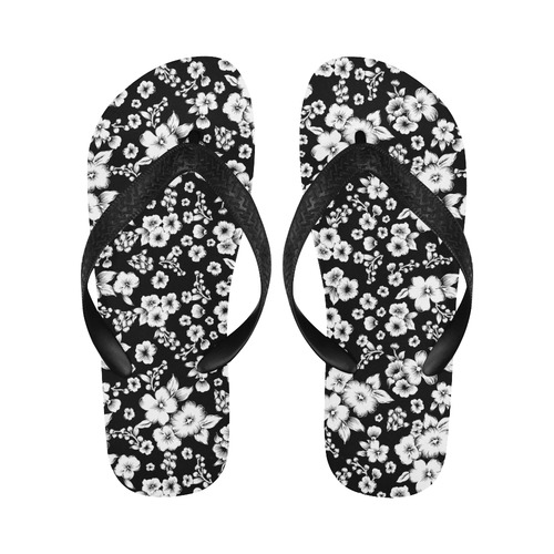 Fine Flowers Pattern Solid Black White Flip Flops for Men/Women (Model 040)