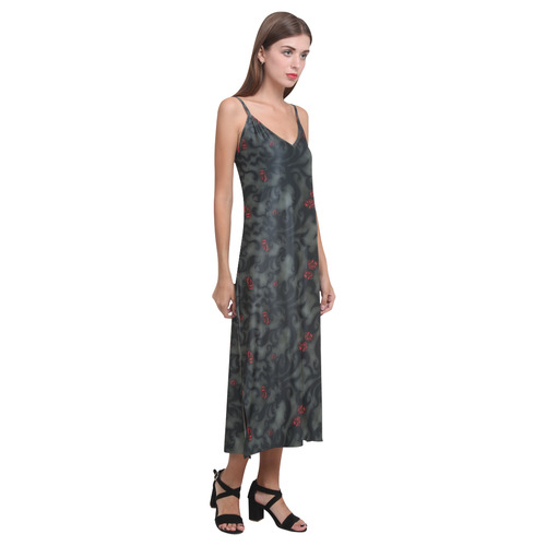 Wrapped In Roses Gothic Art V-Neck Open Fork Long Dress(Model D18)