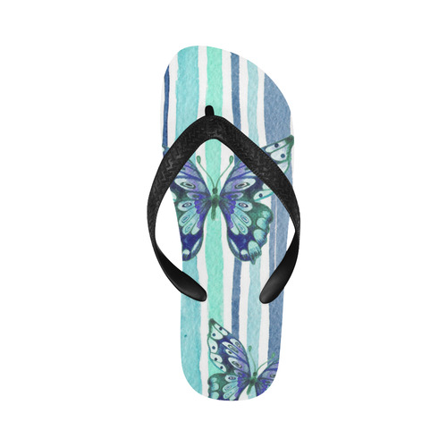 Watercolor Butterflies & Stripes Blue Cyan Flip Flops for Men/Women (Model 040)