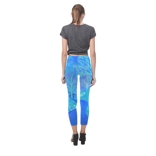 Capri Summer Leggings Blue Forest Flower Design by Juleez Capri Legging (Model L02)