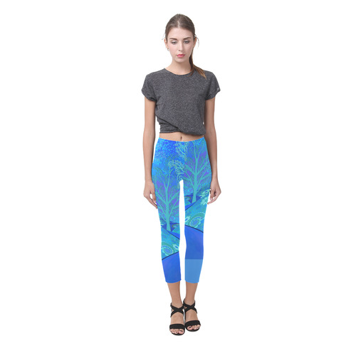 Leggings Capri Print Blue Forest Flower Design by Juleez Capri Legging (Model L02)