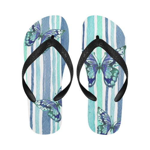 Watercolor Butterflies & Stripes Blue Cyan Flip Flops for Men/Women (Model 040)