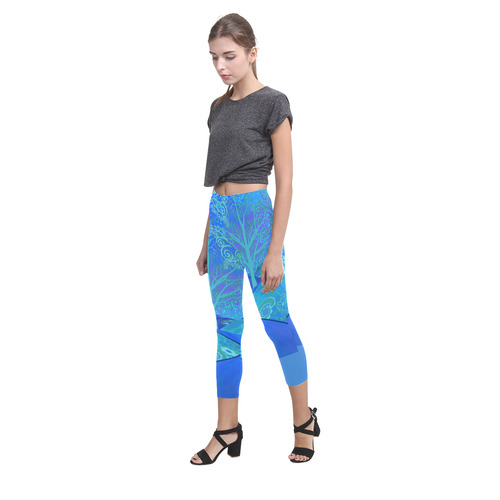 Leggings Capri Print Blue Forest Flower Design by Juleez Capri Legging (Model L02)