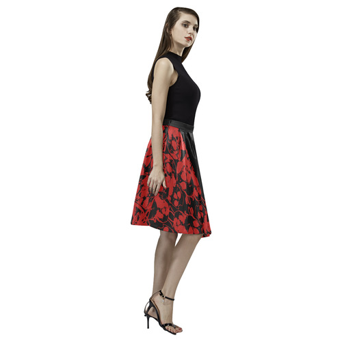 Red Skull Cut Out Gothic Print Melete Pleated Midi Skirt (Model D15)