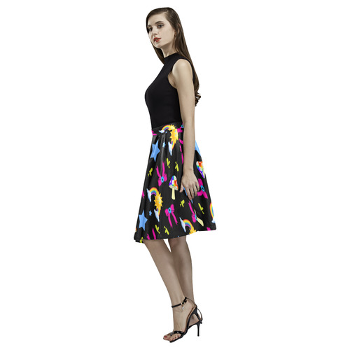 Super Bright Kawaii Rainbow Print Melete Pleated Midi Skirt (Model D15)