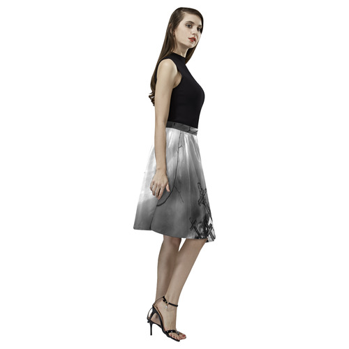 Midnight Flight Gothic Bats Melete Pleated Midi Skirt (Model D15)