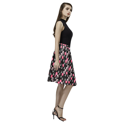 Pastel Goth Skull Polka Dots Melete Pleated Midi Skirt (Model D15)