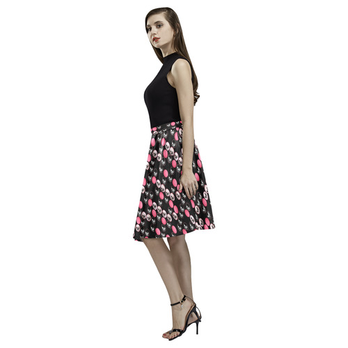 Pastel Goth Skull Polka Dots Melete Pleated Midi Skirt (Model D15)