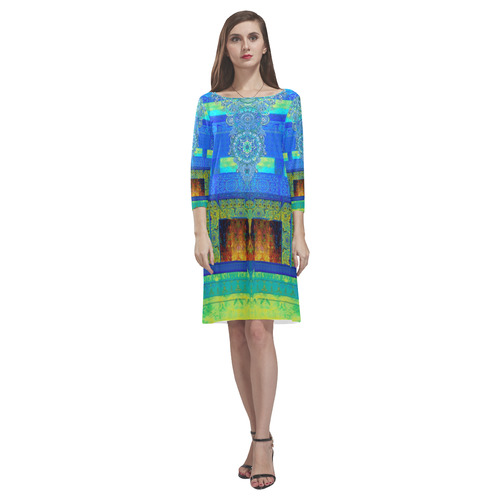 turquoise round neckfront draft Rhea Loose Round Neck Dress(Model D22)