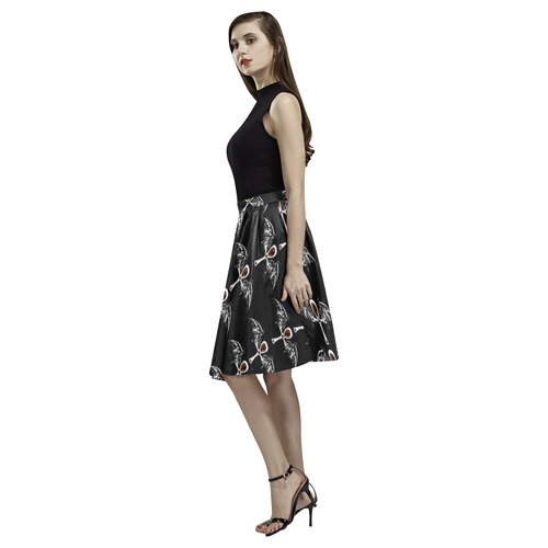 Demon Ankh Gothic Vampire Pattern Melete Pleated Midi Skirt (Model D15)