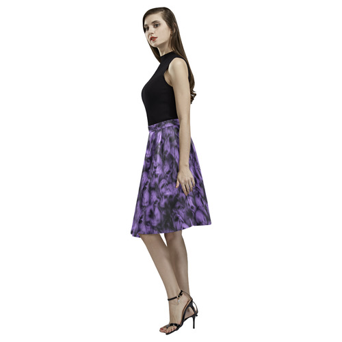 Purple Skulls Goth Print Melete Pleated Midi Skirt (Model D15)