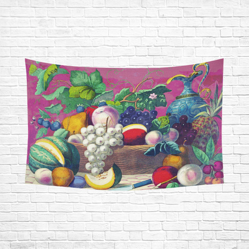 Vintage Fruit Melon Pear Grape Floral Cotton Linen Wall Tapestry 90"x 60"