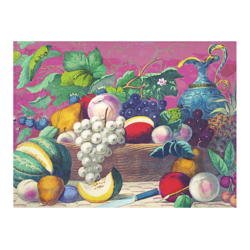 Vintage Fruit Melon Pear Grape Floral Cotton Linen Tablecloth 52"x 70"