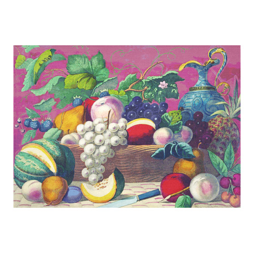 Vintage Fruit Melon Pear Grape Floral Cotton Linen Tablecloth 60"x 84"
