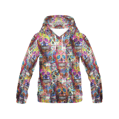 Colorfully Flower Power Skull Grunge Pattern All Over Print Hoodie for Women (USA Size) (Model H13)