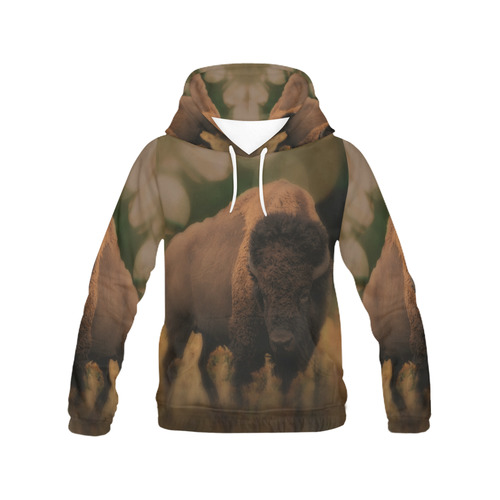 Awesome Powerfull Bison In Wildlife All Over Print Hoodie for Women (USA Size) (Model H13)
