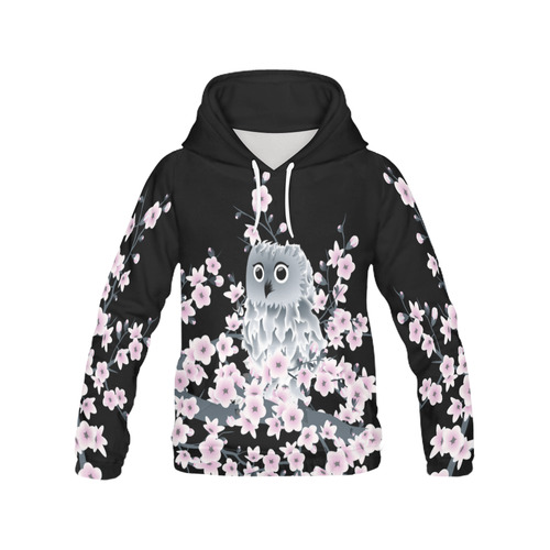 Cute Owl Cherry Blossoms Pink Black All Over Print Hoodie for Women (USA Size) (Model H13)