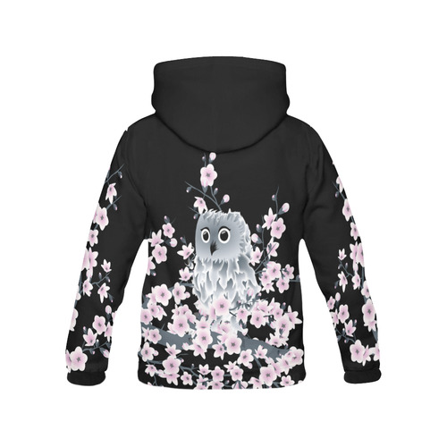 Cute Owl Cherry Blossoms Pink Black All Over Print Hoodie for Women (USA Size) (Model H13)