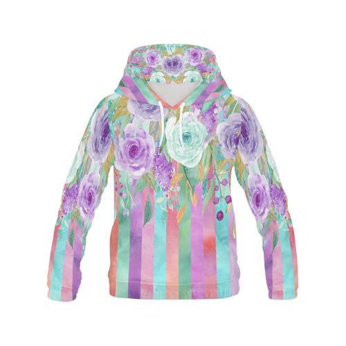 Watercolor Flowers Stripes Cyan Purple Orange All Over Print Hoodie for Men (USA Size) (Model H13)
