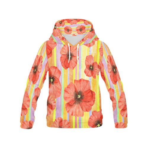 Watercolor STRIPES red POPPIES Blossoms All Over Print Hoodie for Men (USA Size) (Model H13)