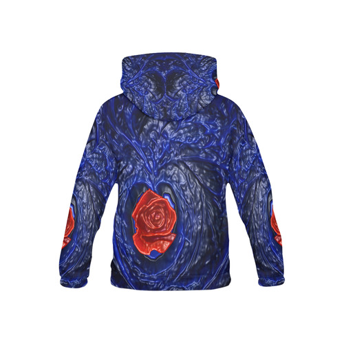 Blue fractal heart with red rose in plastic style All Over Print Hoodie for Kid (USA Size) (Model H13)
