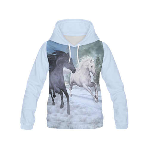 Two horses galloping through a winter landscape All Over Print Hoodie for Women (USA Size) (Model H13)