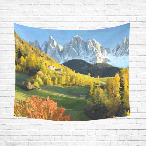 Mountain Landscape Autumn Leaves Cotton Linen Wall Tapestry 60"x 51"