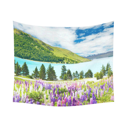Mountain Landscape Floral Lake Trees Cotton Linen Wall Tapestry 60"x 51"