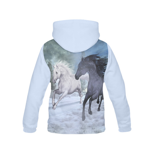 Two horses galloping through a winter landscape All Over Print Hoodie for Women (USA Size) (Model H13)