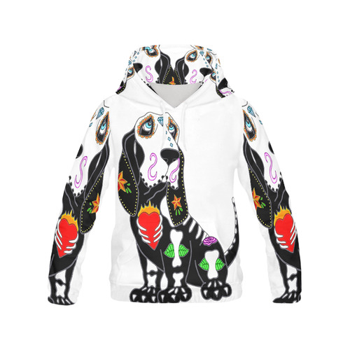 Basset Hound Sugar Skull White All Over Print Hoodie for Women (USA Size) (Model H13)