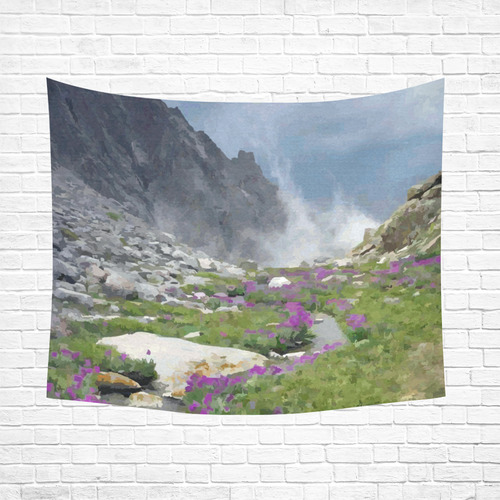 Floral Mountain Landscape Purple Flowers Cotton Linen Wall Tapestry 60"x 51"