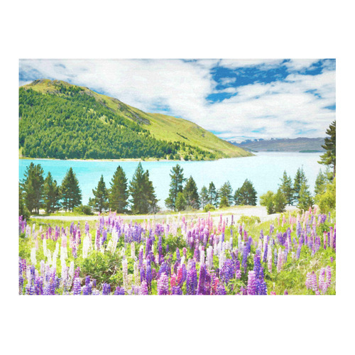 Mountain Landscape Floral Lake Trees Cotton Linen Tablecloth 52"x 70"