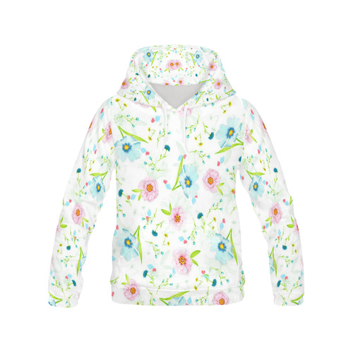 Pastel Pink Turquoise Floral All Over Print Hoodie for Women (USA Size) (Model H13)