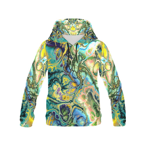 Flower Power Fractal Batik Teal Yellow Blue Salmon All Over Print Hoodie for Men (USA Size) (Model H13)