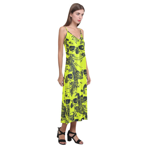 cloudy Skulls black yellow by JamColors V-Neck Open Fork Long Dress(Model D18)