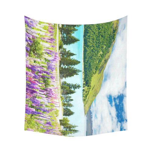 Mountain Landscape Floral Lake Trees Cotton Linen Wall Tapestry 60"x 51"