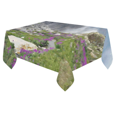 Floral Mountain Landscape Purple Flowers Cotton Linen Tablecloth 60"x 84"