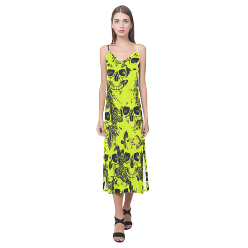 cloudy Skulls black yellow by JamColors V-Neck Open Fork Long Dress(Model D18)