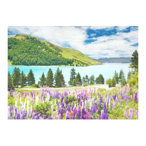 Mountain Landscape Floral Lake Trees Cotton Linen Tablecloth 60"x 84"