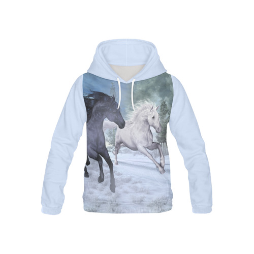 Two horses galloping through a winter landscape All Over Print Hoodie for Kid (USA Size) (Model H13)