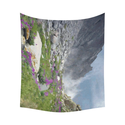 Floral Mountain Landscape Purple Flowers Cotton Linen Wall Tapestry 60"x 51"