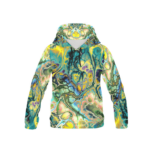 Flower Power Fractal Batik Teal Yellow Blue Salmon All Over Print Hoodie for Kid (USA Size) (Model H13)