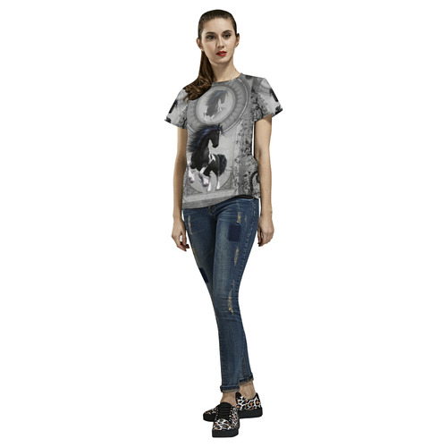 Awesome horse in black and white with flowers All Over Print T-Shirt for Women (USA Size) (Model T40)