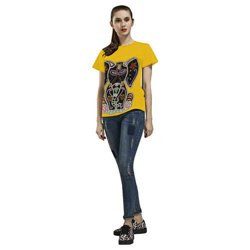 Mystical Sugar Skull Elephant Yellow All Over Print T-Shirt for Women (USA Size) (Model T40)