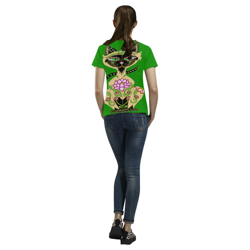 Siamese Cat Sugar Skull Green All Over Print T-Shirt for Women (USA Size) (Model T40)