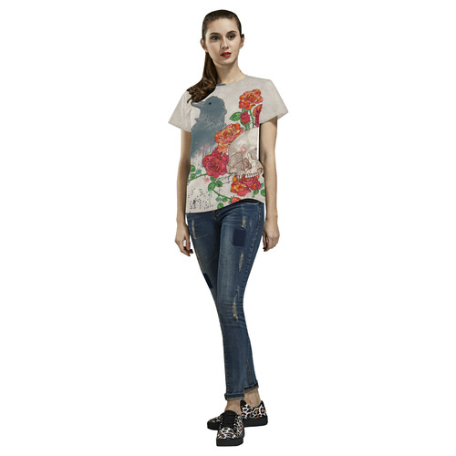 watercolor skull with roses All Over Print T-Shirt for Women (USA Size) (Model T40)